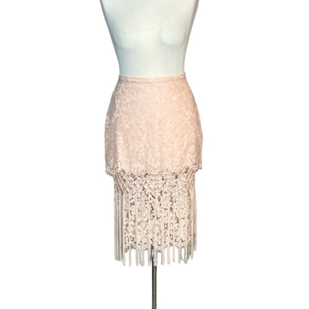 TOPSHOP LACE BLUSH PINK TIERED FRINGED MIDI PENCIL SKIRT - Picture 3 of 13